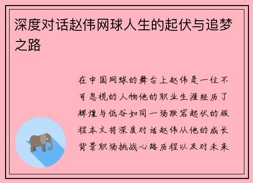 深度对话赵伟网球人生的起伏与追梦之路