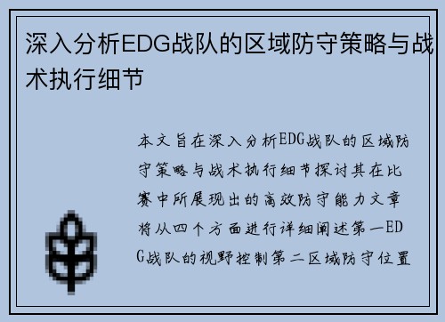 深入分析EDG战队的区域防守策略与战术执行细节