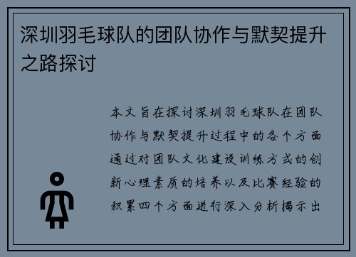 深圳羽毛球队的团队协作与默契提升之路探讨