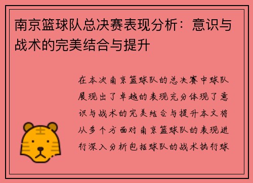 南京篮球队总决赛表现分析：意识与战术的完美结合与提升