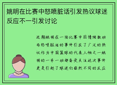 姚明在比赛中怒喷脏话引发热议球迷反应不一引发讨论