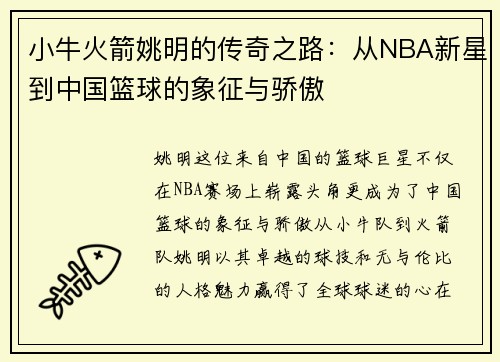 小牛火箭姚明的传奇之路：从NBA新星到中国篮球的象征与骄傲