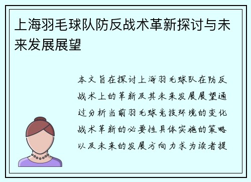 上海羽毛球队防反战术革新探讨与未来发展展望