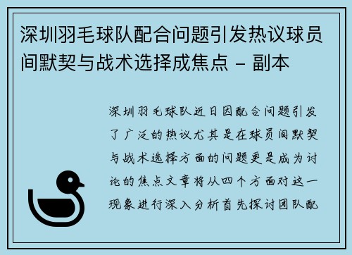 深圳羽毛球队配合问题引发热议球员间默契与战术选择成焦点 - 副本