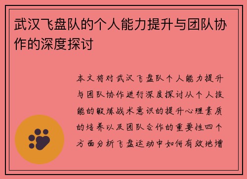 武汉飞盘队的个人能力提升与团队协作的深度探讨