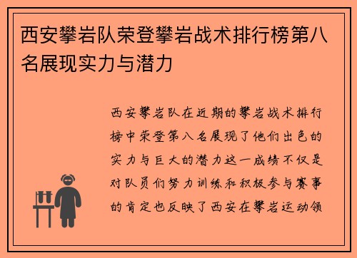 西安攀岩队荣登攀岩战术排行榜第八名展现实力与潜力